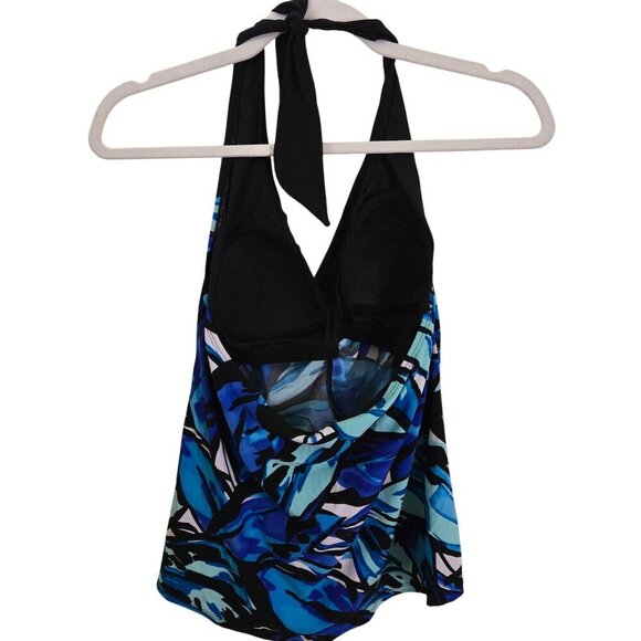 Aqua Green Blue Black Halter Ruffled Tankini Top Size 10 - Picture 2 of 4